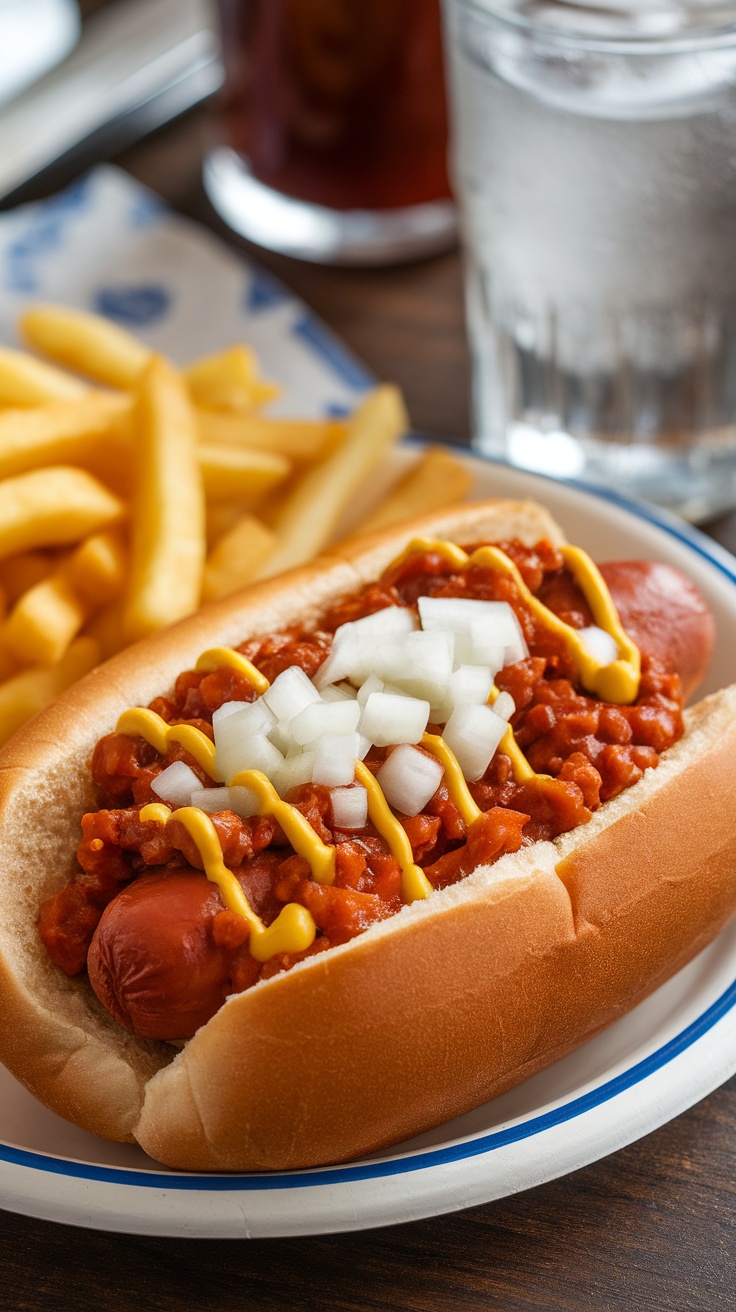 A Detroit Coney Dog topped with chili sauce, onions, and mustard, served with fries.